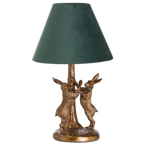 Antique Gold Marching Hares Bedside Lamp with Green Velvet Light Shade