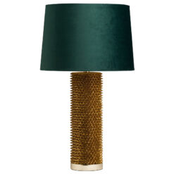 Antique Gold Studded Table Lamp With Round Emerald Green Velvet Shade