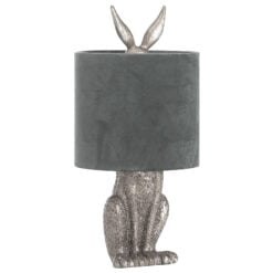 Antique Silver Hare Rabbit Bedside Table Lamp with Grey Velvet Shade