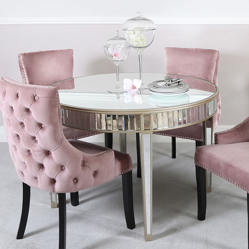 Athens Gold Round Mirrored Dining Table, Blush Dining Chairs And Table