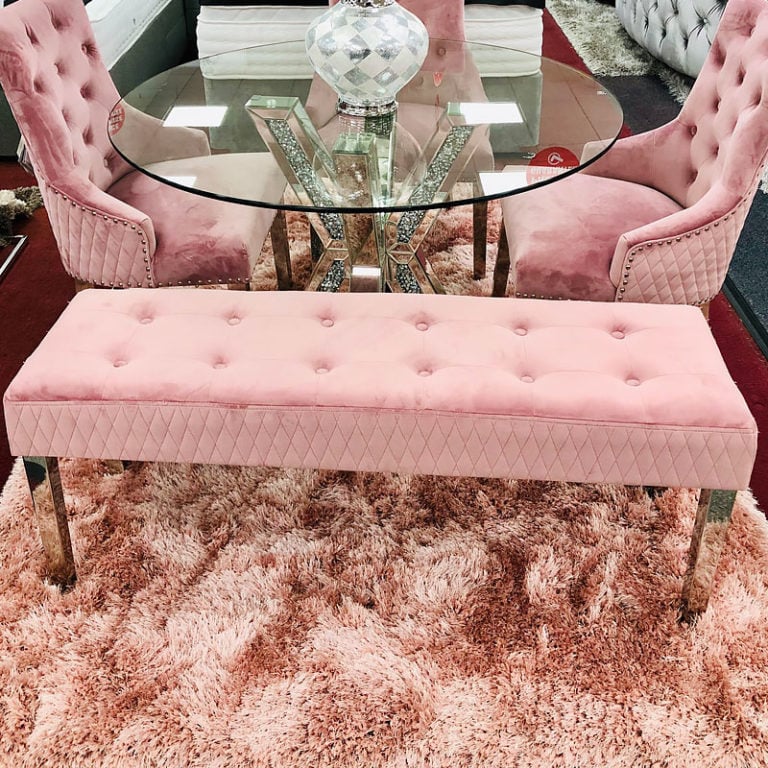 Camilla Pink Velvet And Stainless Steel Tufted Hallway Bedroom Bench Picture Perfect Home