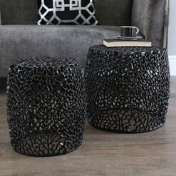 Coralie Set Of 2 Black Metal Side End Tables With A Coral Pattern