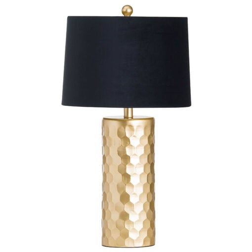 Honey Comb Gold Bedside Table Lamp With Round Black Velvet Light Shade