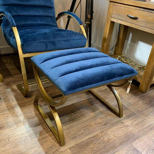 Luxury Navy Blue and Brass Footstool Upholstered Ribbed Velvet Stool