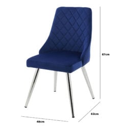 Skya Royal Blue Velvet Dining Kitchen Chair With Stainless Steel Legs