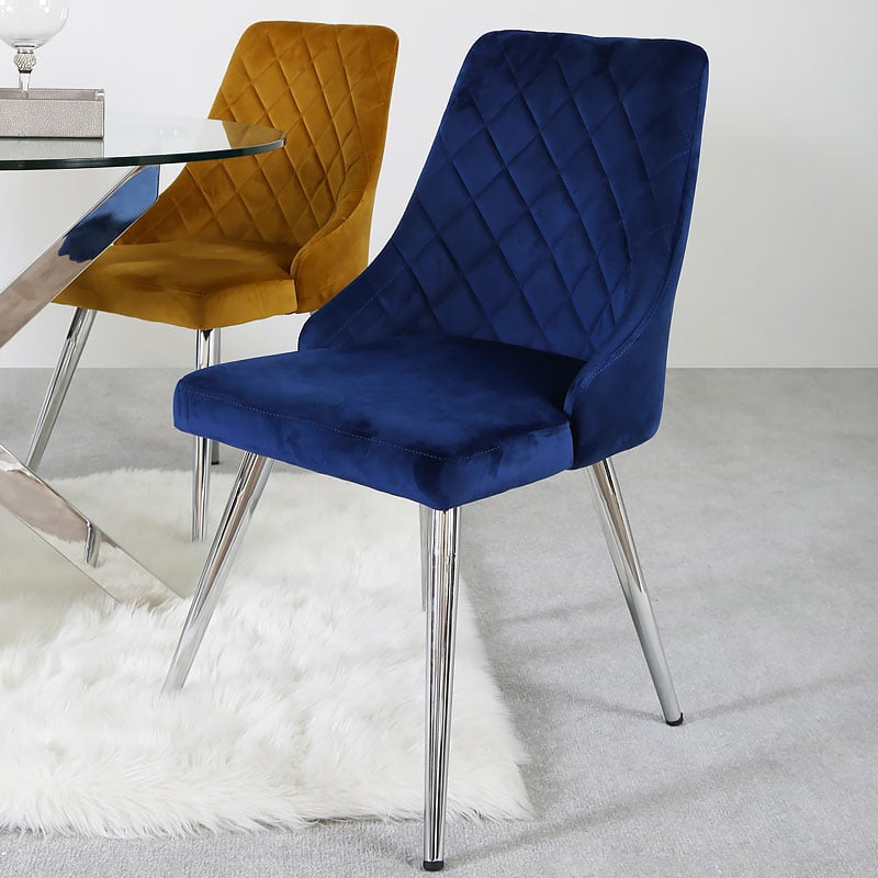 Skyla Royal Blue Velvet Dining Chair, Dark Blue Dining Chairs With Chrome Legs