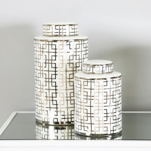White And Silver Geometric Ceramic Ginger Jar Vase Home Decoration 20cm