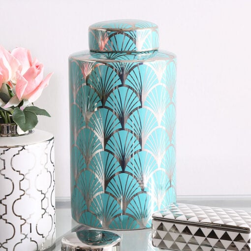 33cm Large Silver and Blue Gingko Leaf Ginger Jar Home Decor Vase
