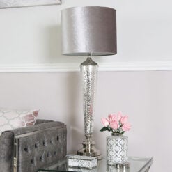Chrome Glass Table Bedside Lamp With Round Grey Velvet Light Shade