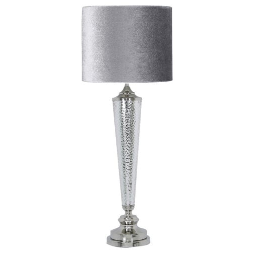 Chrome Glass Table Bedside Lamp With Round Grey Velvet Light Shade