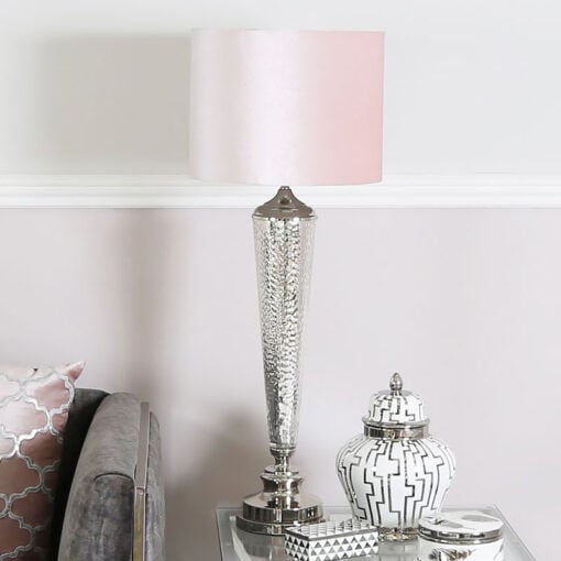 Chrome Glass Table Bedside Lamp With Round Pink Velvet Light Shade