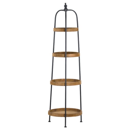 Industrial Style Wood And Black Metal Round Display Shelf Plant Stand