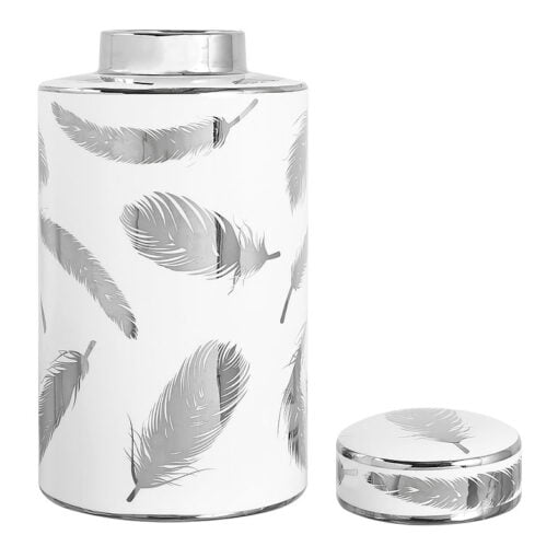 Large White And Silver Leaf Ceramic Ginger Jar Vase Decoration 30cm