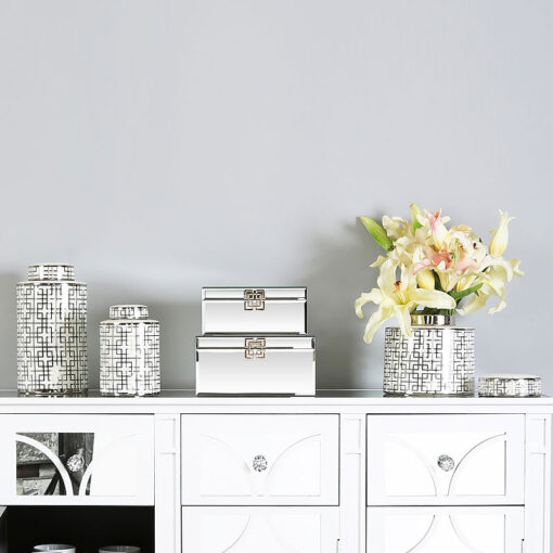 Medium White And Silver Ceramic Ginger Jar Vase Home Decoration 19cm