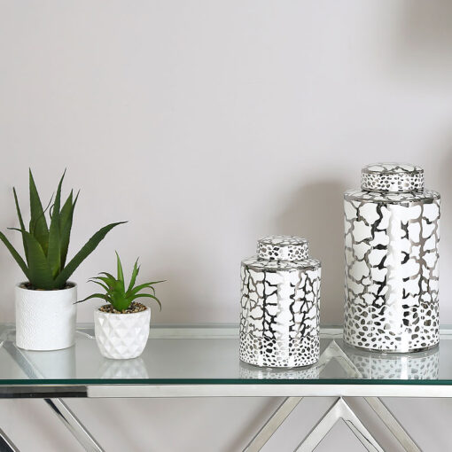 Medium White And Silver Ceramic Ginger Jar Vase Home Decoration 20cm