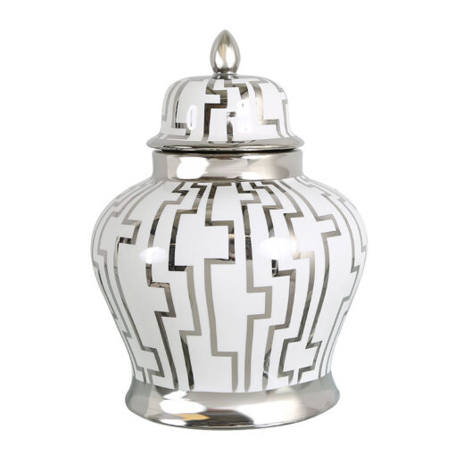 Medium White And Silver Ceramic Ginger Jar Vase Home Decoration 30cm