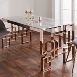 Cleo Rose Gold Stainless Steel And White Marble Glass Dining Table