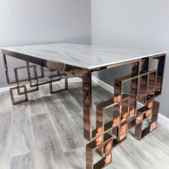 Cleo Rose Gold Stainless Steel And White Marble Glass Dining Table