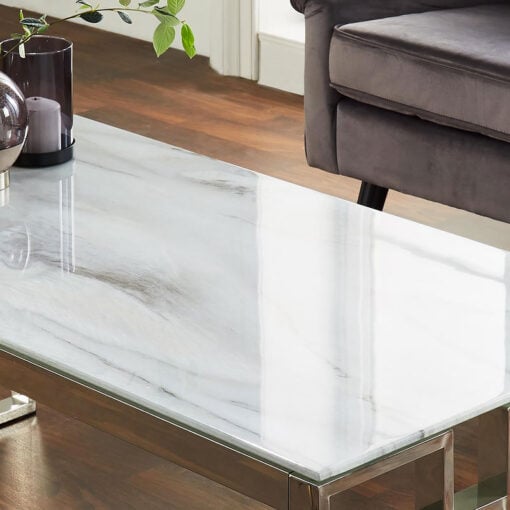 Cleo Silver Plated Stainless Steel And White Marble Glass Coffee Table
