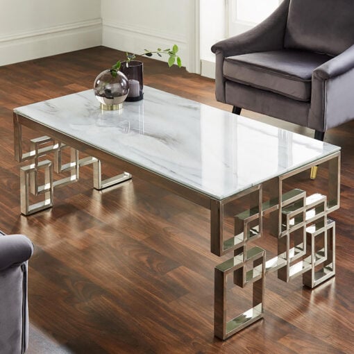 Cleo Silver Plated Stainless Steel And White Marble Glass Coffee Table