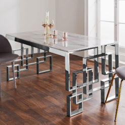 Cleo Silver Plated Stainless Steel And White Marble Glass Dining Table