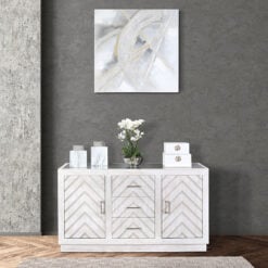Fenton 3 Drawer 2 Door Washed White Wood Mirror Top Cabinet Sideboard
