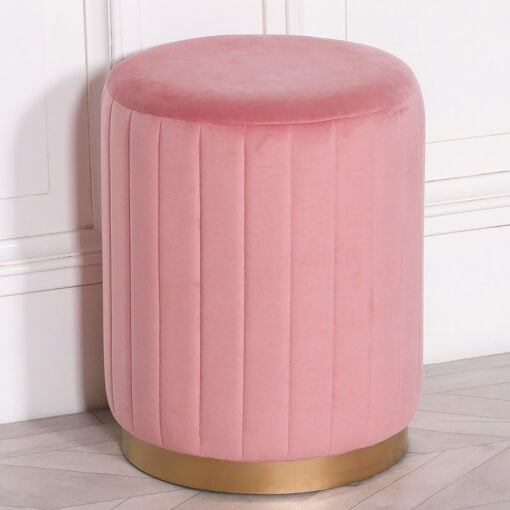 Pink Round Stool With Ribbed Sides And Gold Metal Base