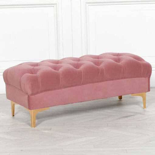 Pink Velvet Buttoned Ottoman Bench Stool With Gold Legs