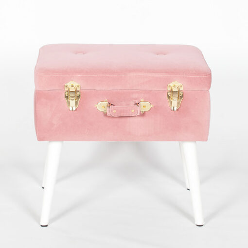 Pink Velvet Suitcase Storage Stool With White Legs And Gold Latches