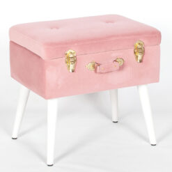 Pink Velvet Suitcase Storage Stool With White Legs And Gold Latches
