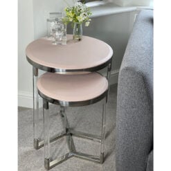 Set of 2 Faux Leather Pink Round Metal And Acrylic End Tables