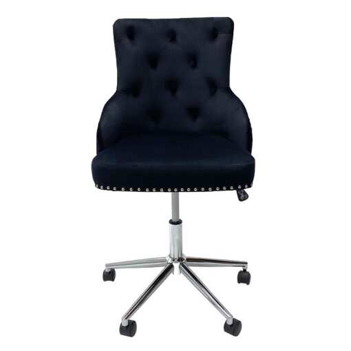 Camilla Black Velvet Upholstered Office Chair Chrome Lion Knocker Tufted Back