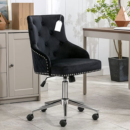 Camilla Black Velvet Upholstered Office Chair Chrome Lion Knocker Tufted Back