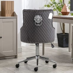 Camilla Grey Velvet Upholstered Office Chair Chrome Lion Knocker Tufted Back