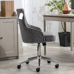 Camilla Grey Velvet Upholstered Office Chair Chrome Lion Knocker Tufted Back