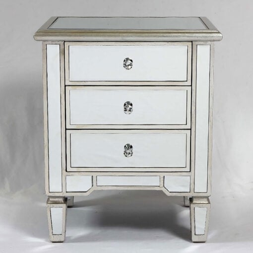 Canterbury Antique Silver Mirrored 3 Drawer Venetian Bedside Cabinet