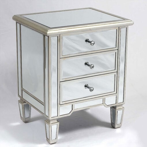 Canterbury Antique Silver Mirrored 3 Drawer Venetian Bedside Cabinet