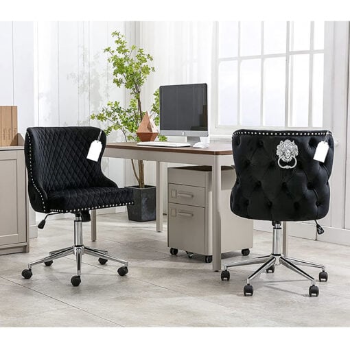 Diana Black Velvet Upholstered Office Chair Chrome Lion Knocker Tufted Back