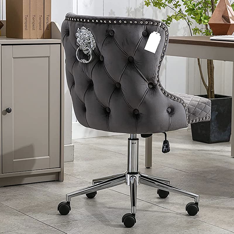 Diana Grey Velvet Upholstered Office Chair Chrome Lion Knocker Tufted Back  | Picture Perfect Home