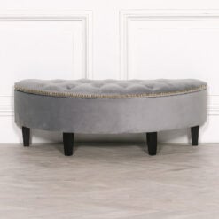 Grey Velvet Storage Bench Ottoman Pouf With Gold Studs And Black Feet