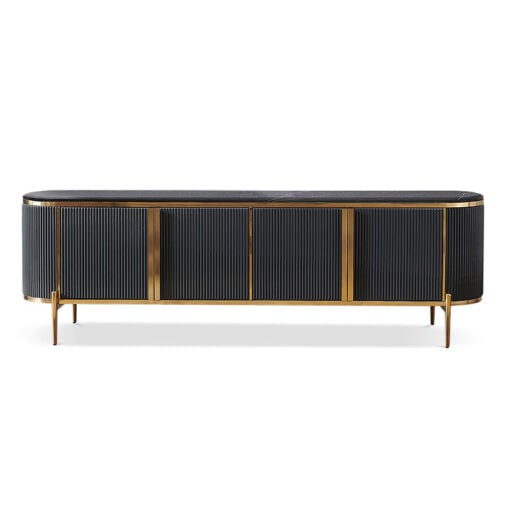 Lana 4 Door Black Media Unit TV Stand With Brass Detail And Marble Top