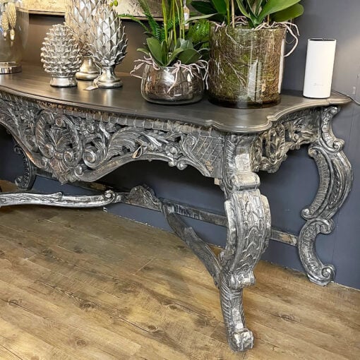 Louis Hand Carved Rococo Metallic Silver Large Console Table 191cm