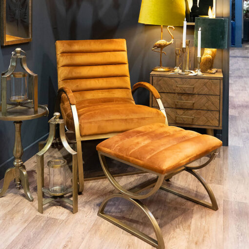 Luxury Burnt Orange Upholstered Ribbed Velvet And Brass Ark Chair