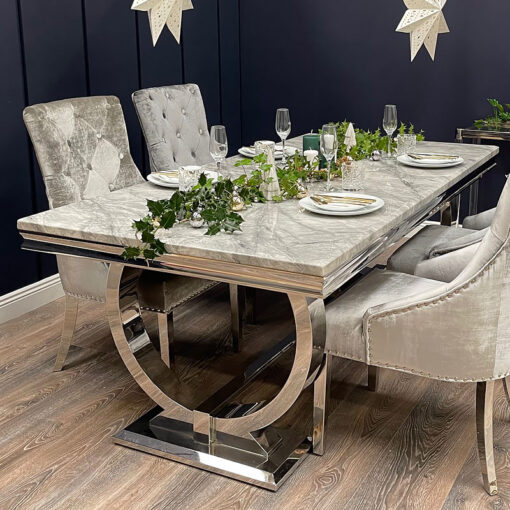 Mayfair Grey Marble Top Dining Table With A Stainless Steel Base 180cm