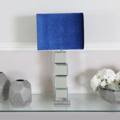 Mirrored Cube Design Table Lamp with Blue Velvet Shade