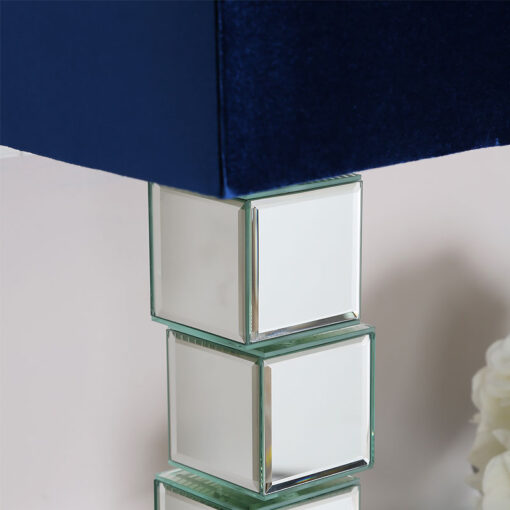 Modern Mirrored Cube Design Table Lamp with Blue Velvet Shade