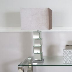Mirrored Cube Design Table Lamp with Champagne Velvet Shade