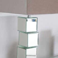 Mirrored Cube Design Table Lamp with Champagne Velvet Shade