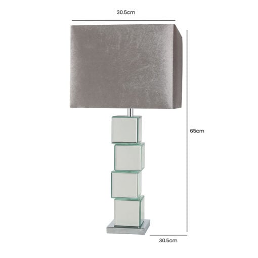 Mirrored Cube Design Table Lamp with Grey Velvet Shade