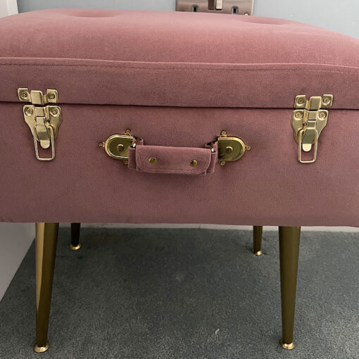 Pink Velvet Suitcase Storage Stool With Gold Legs And Gold Latches